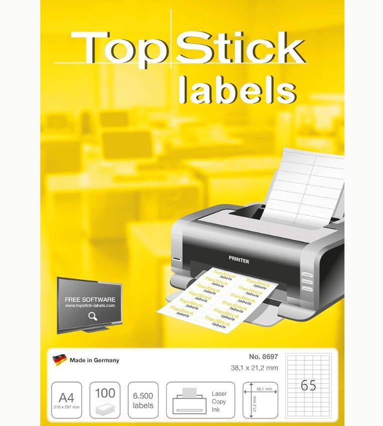 TOP STICK Etiquette universelle, 38.1 x 21.2 mm, blanc, 4 par feuille, A4, 6500